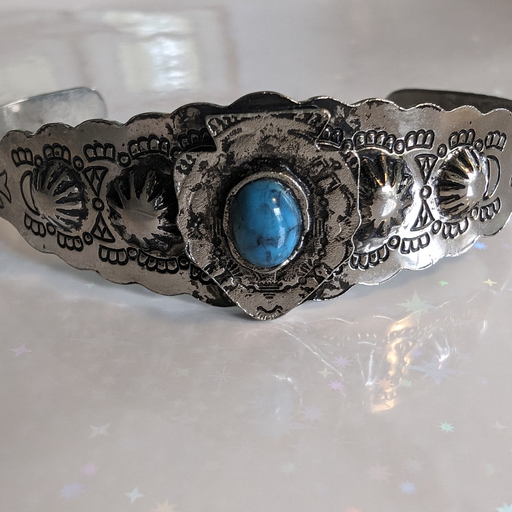 OLD PAWN NAVAJO INDIAN FAUX STERLING SILVER TURQUOISE CUFF BRACELET VINTAGE